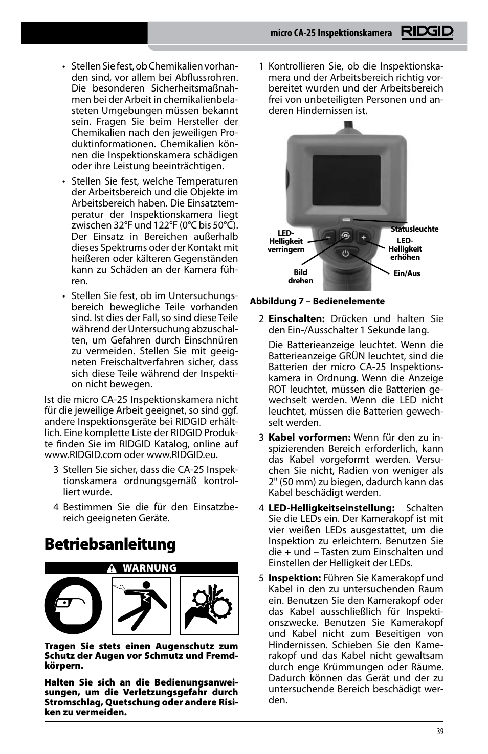 Betriebsanleitung | RIDGID micro CA-25 User Manual | Page 41 / 236