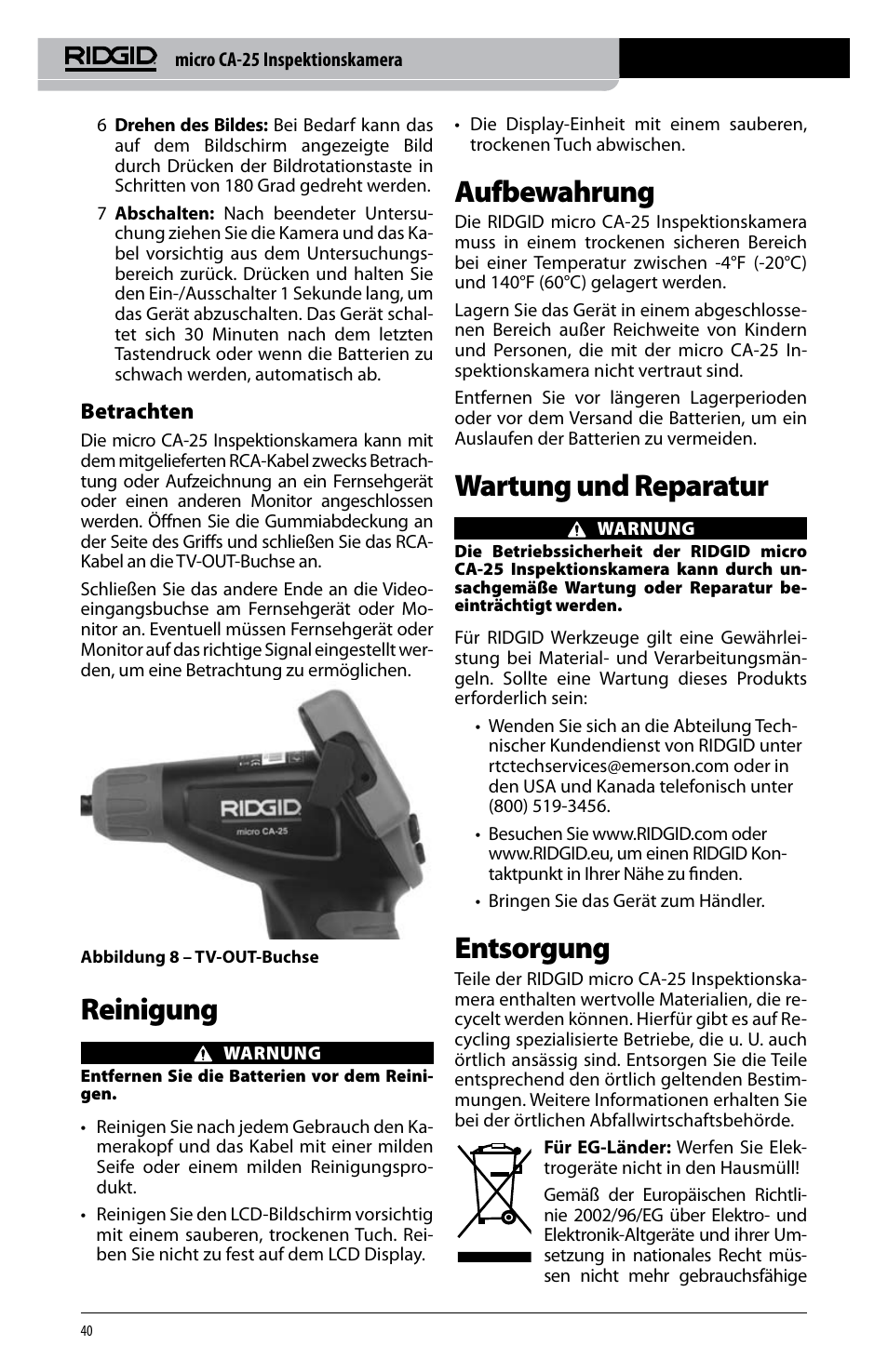 Reinigung, Aufbewahrung, Wartung und reparatur | Entsorgung, Betrachten | RIDGID micro CA-25 User Manual | Page 42 / 236