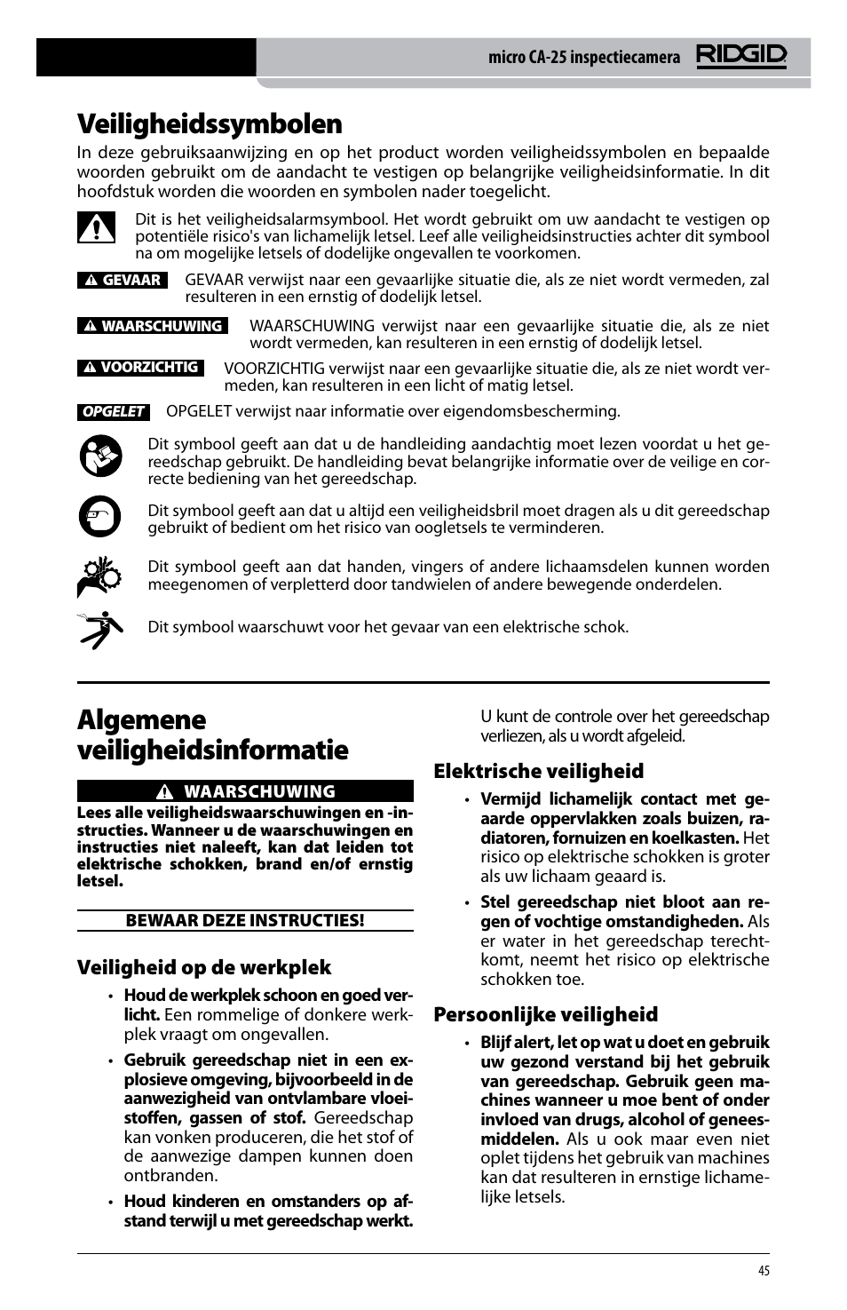Veiligheidssymbolen, Algemene veiligheidsinformatie, Veiligheid op de werkplek | Elektrische veiligheid, Persoonlijke veiligheid | RIDGID micro CA-25 User Manual | Page 47 / 236