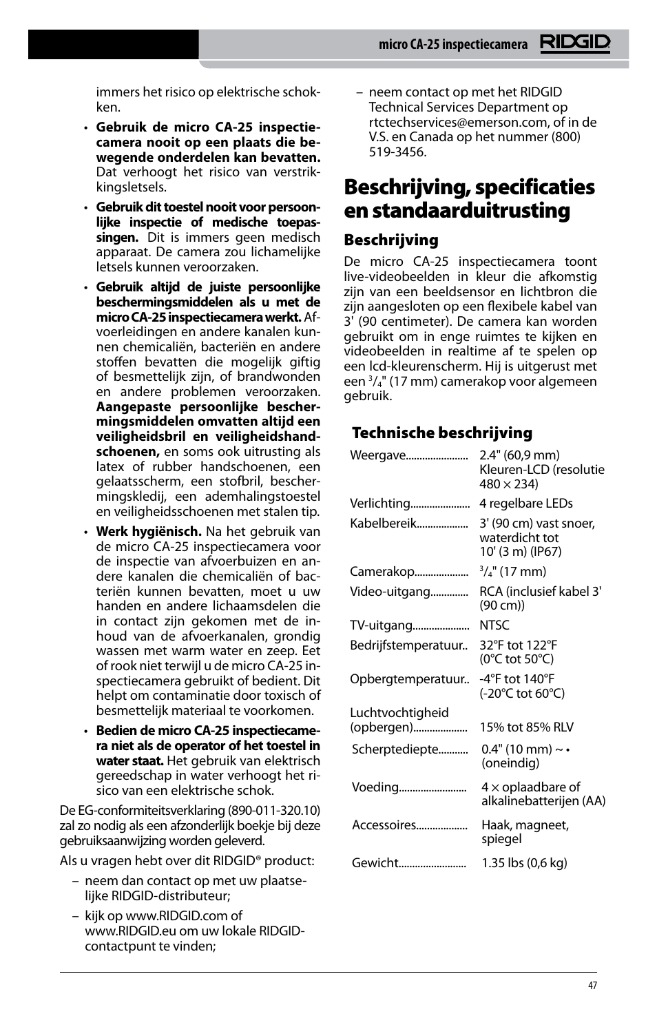 Beschrijving, specificaties en standaarduitrusting, Technische beschrijving, Beschrijving | RIDGID micro CA-25 User Manual | Page 49 / 236