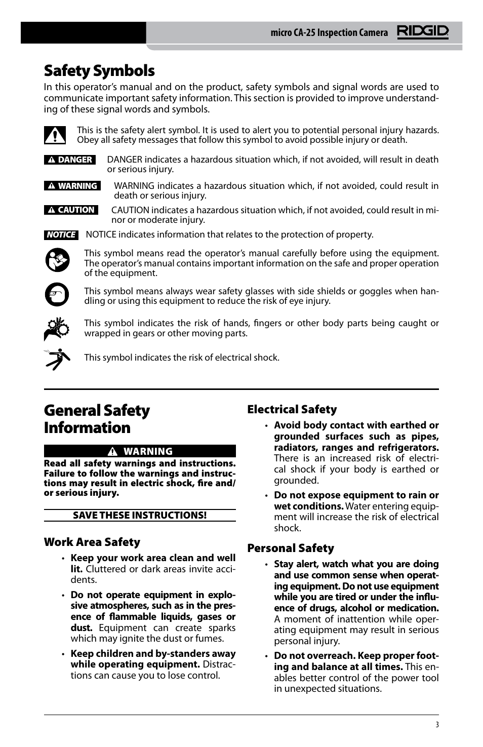 Safety symbols, General safety information, Work area safety | Electrical safety, Personal safety | RIDGID micro CA-25 User Manual | Page 5 / 236