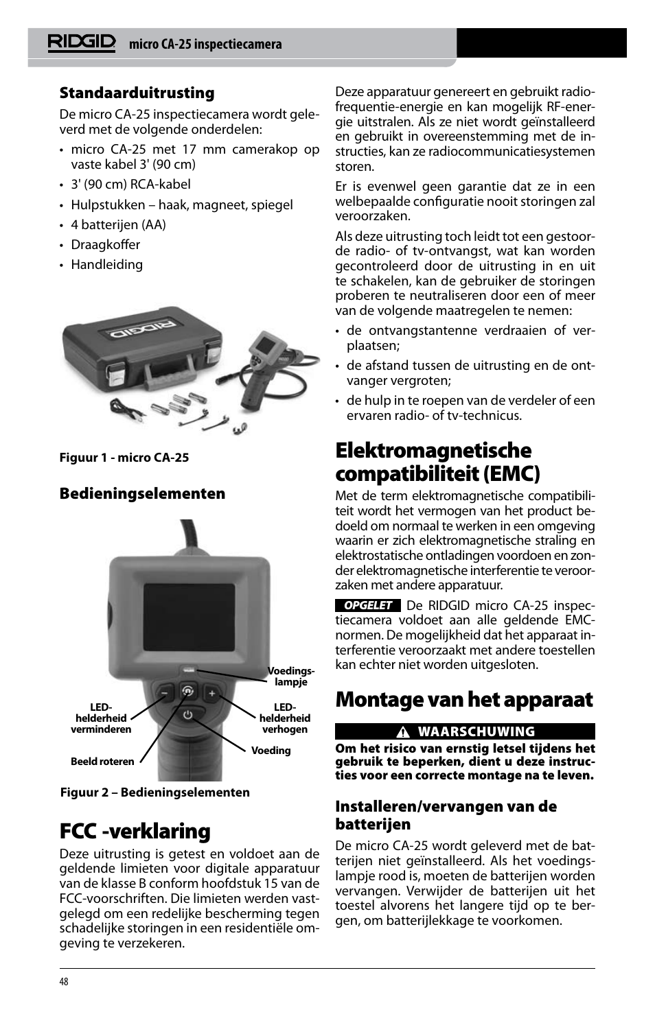 Fcc -verklaring, Elektromagnetische compatibiliteit (emc), Montage van het apparaat | Standaarduitrusting, Bedieningselementen, Installeren/vervangen van de batterijen | RIDGID micro CA-25 User Manual | Page 50 / 236