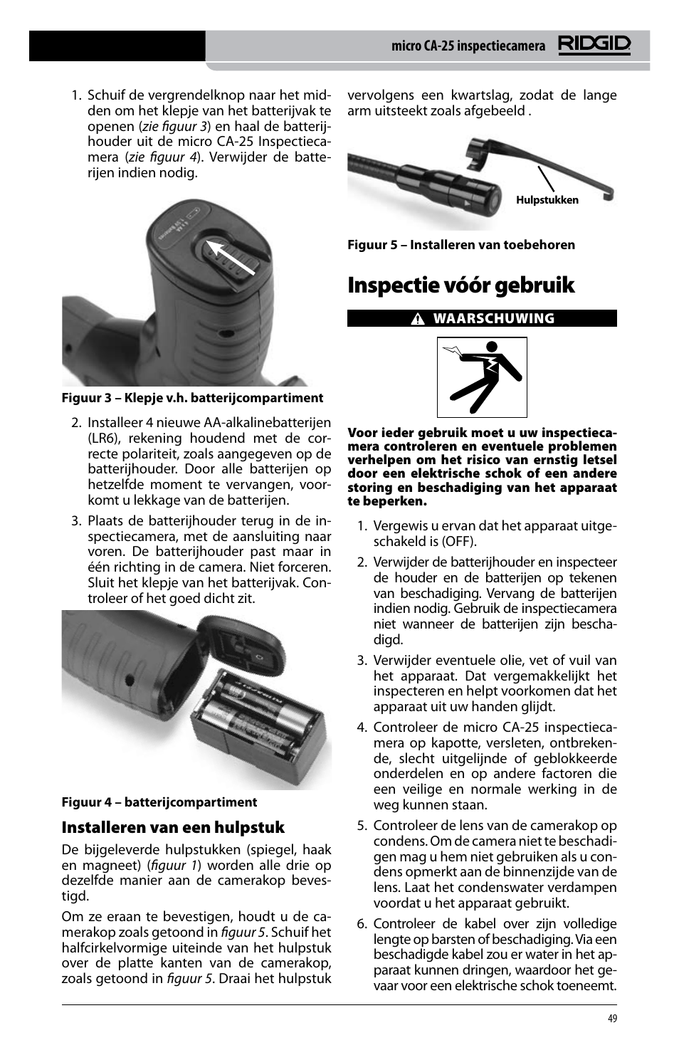 Inspectie vóór gebruik, Installeren van een hulpstuk | RIDGID micro CA-25 User Manual | Page 51 / 236