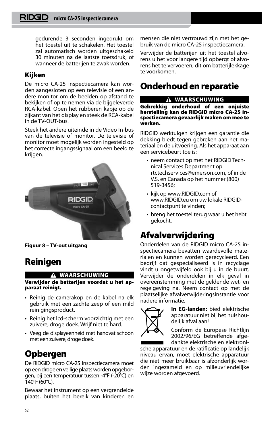 Reinigen, Opbergen, Onderhoud en reparatie | Afvalverwijdering | RIDGID micro CA-25 User Manual | Page 54 / 236