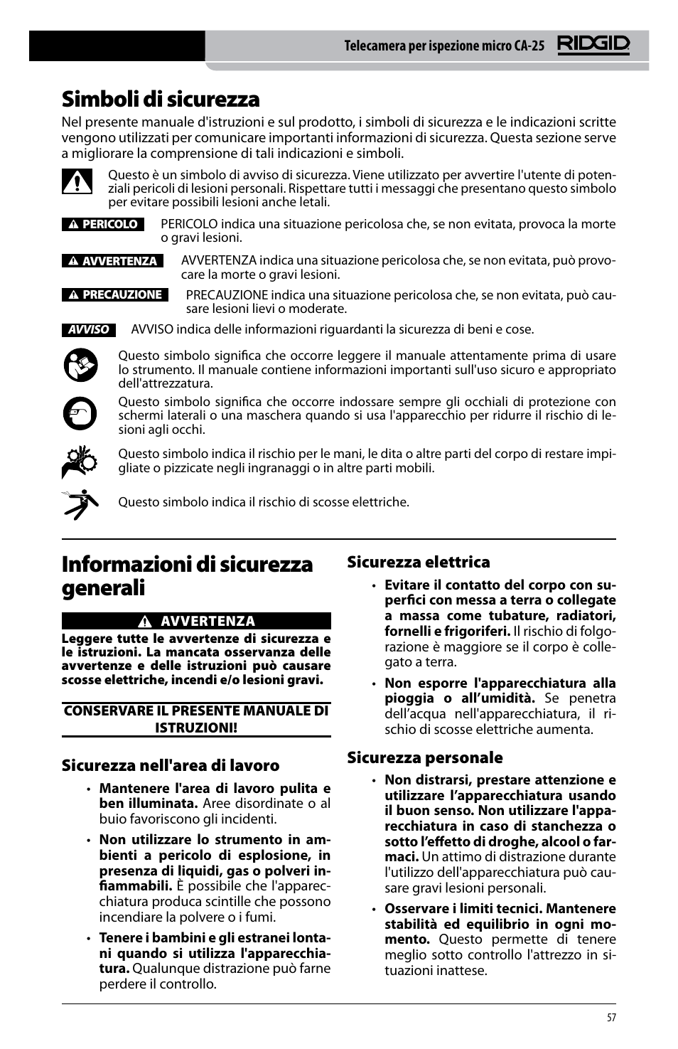 Simboli di sicurezza, Informazioni di sicurezza generali, Sicurezza nell'area di lavoro | Sicurezza elettrica, Sicurezza personale | RIDGID micro CA-25 User Manual | Page 59 / 236