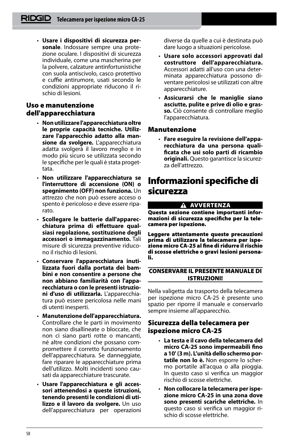 Informazioni specifiche di sicurezza, Uso e manutenzione dell'apparecchiatura, Manutenzione | RIDGID micro CA-25 User Manual | Page 60 / 236