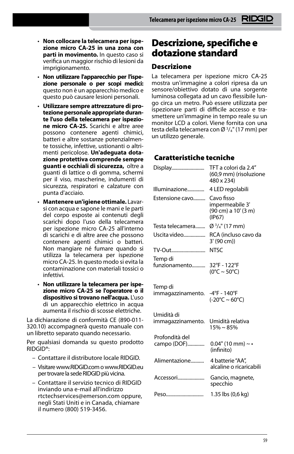 Descrizione, specifiche e dotazione standard, Caratteristiche tecniche, Descrizione | RIDGID micro CA-25 User Manual | Page 61 / 236