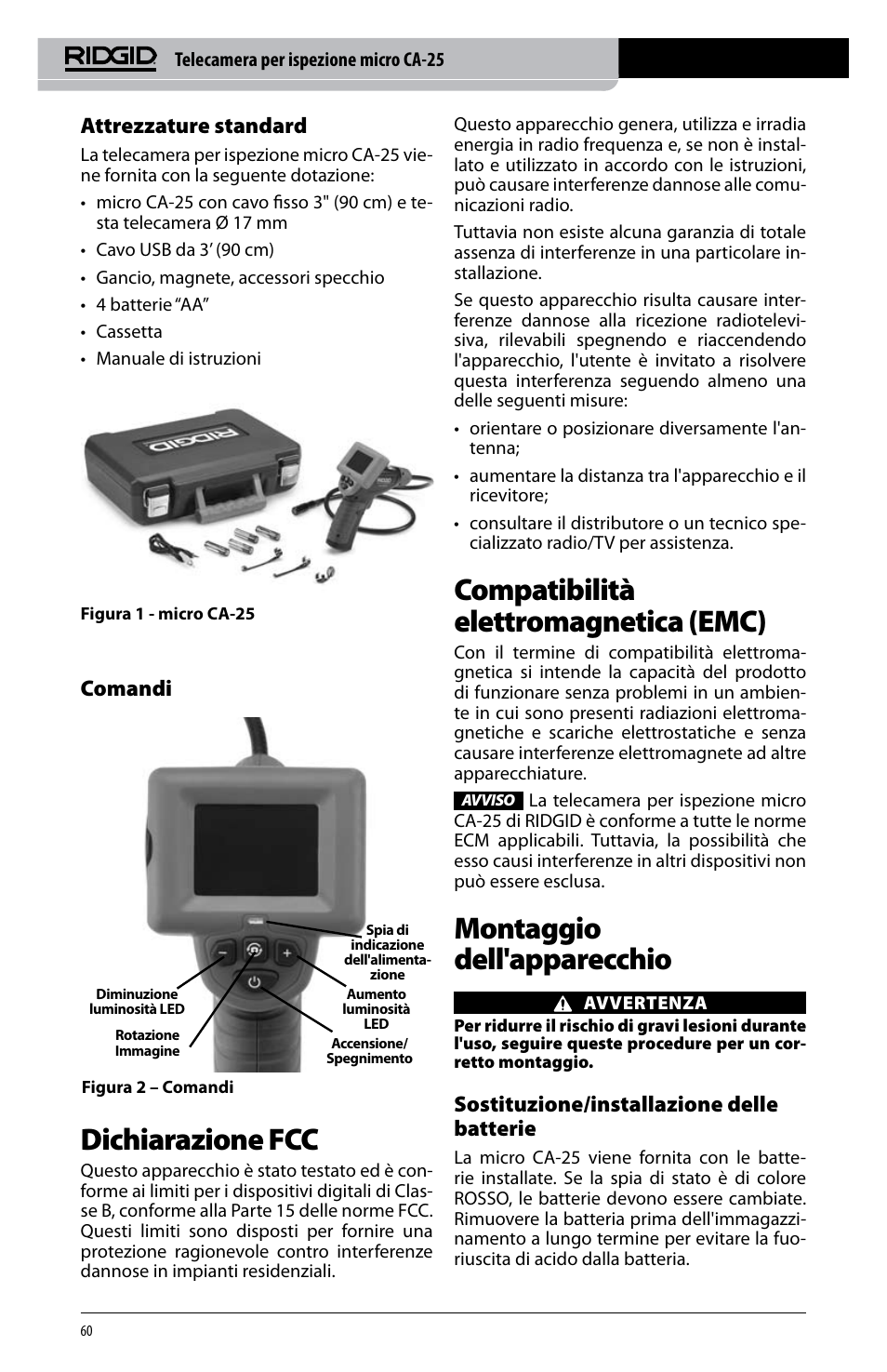 Dichiarazione fcc, Compatibilità elettromagnetica (emc), Montaggio dell'apparecchio | Attrezzature standard, Comandi, Sostituzione/installazione delle batterie | RIDGID micro CA-25 User Manual | Page 62 / 236