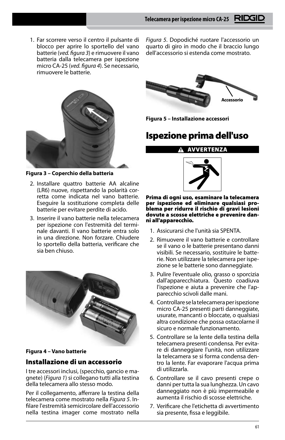 Ispezione prima dell'uso, Installazione di un accessorio | RIDGID micro CA-25 User Manual | Page 63 / 236