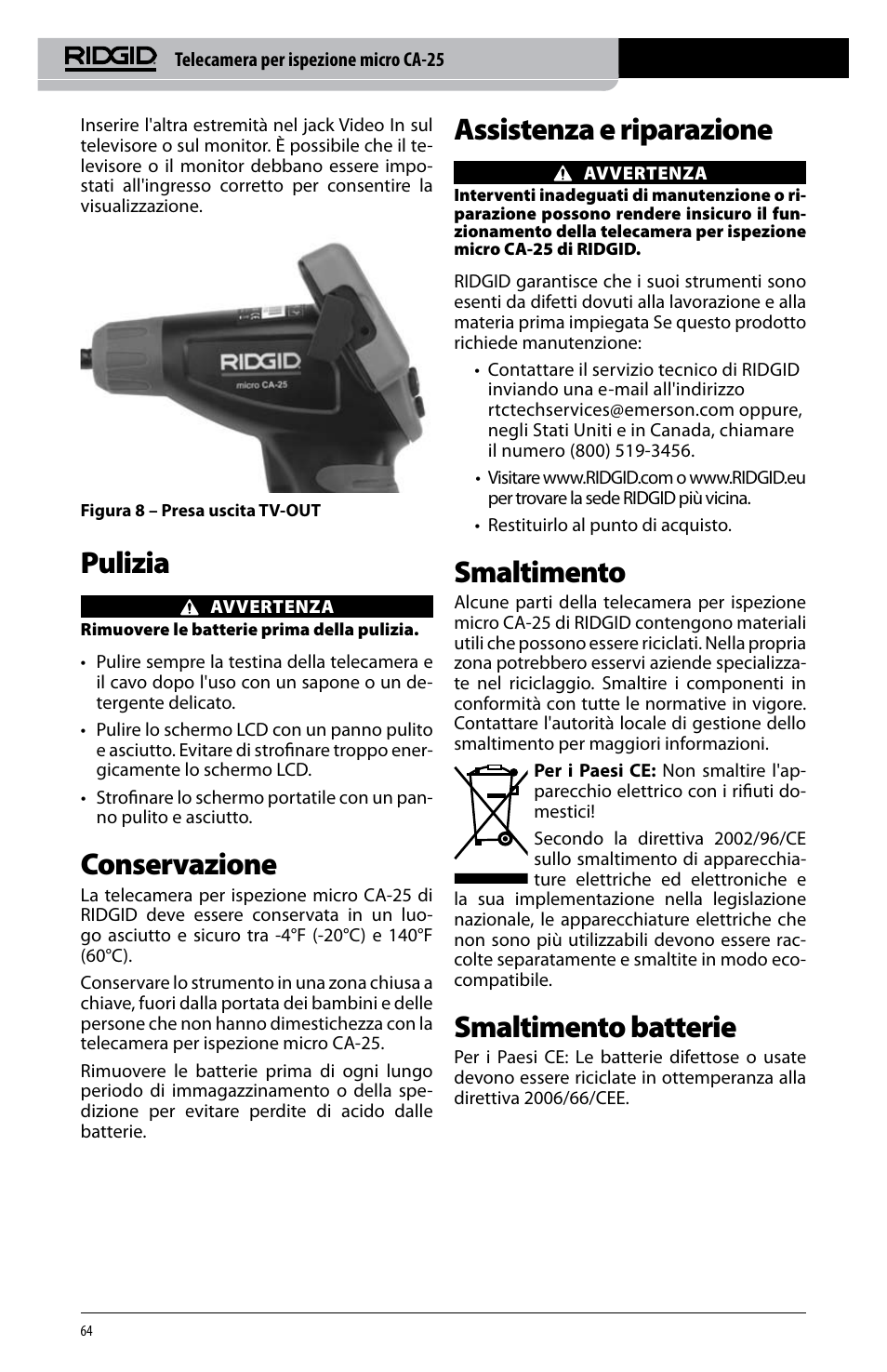 Pulizia, Conservazione, Assistenza e riparazione | Smaltimento, Smaltimento batterie | RIDGID micro CA-25 User Manual | Page 66 / 236