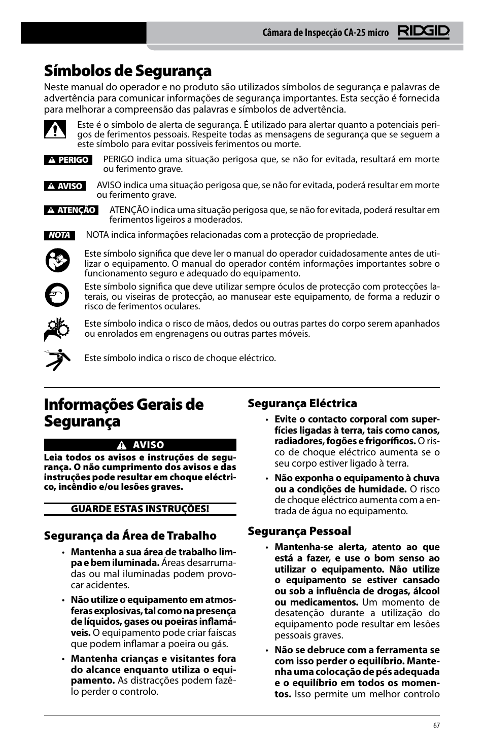 Símbolos de segurança, Informações gerais de segurança, Segurança da área de trabalho | Segurança eléctrica, Segurança pessoal | RIDGID micro CA-25 User Manual | Page 69 / 236