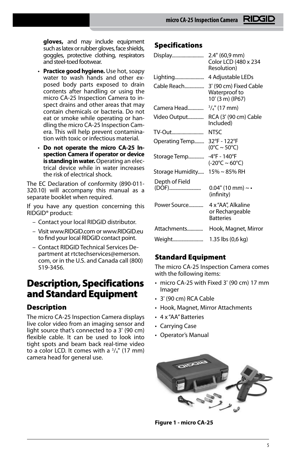 Description, specifications and standard equipment, Description, Specifications | Standard equipment | RIDGID micro CA-25 User Manual | Page 7 / 236