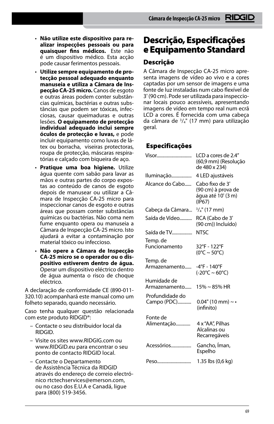 Descrição, especificações e equipamento standard, Especificações, Descrição | RIDGID micro CA-25 User Manual | Page 71 / 236