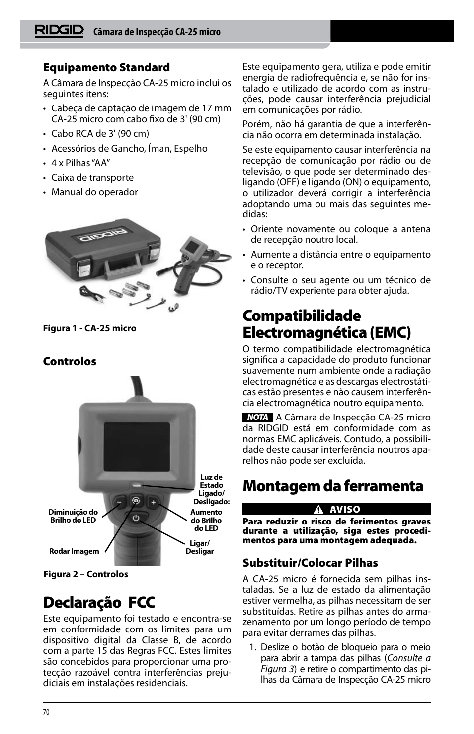 Declaração fcc, Compatibilidade electromagnética (emc), Montagem da ferramenta | Equipamento standard, Controlos, Substituir/colocar pilhas | RIDGID micro CA-25 User Manual | Page 72 / 236