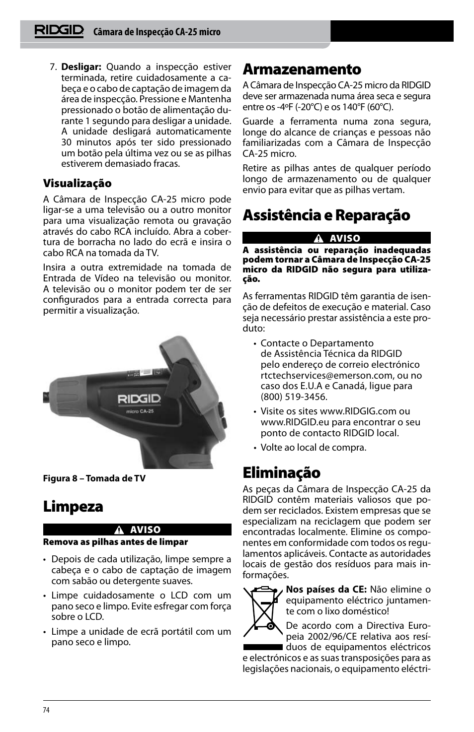 Limpeza, Armazenamento, Assistência e reparação | Eliminação | RIDGID micro CA-25 User Manual | Page 76 / 236