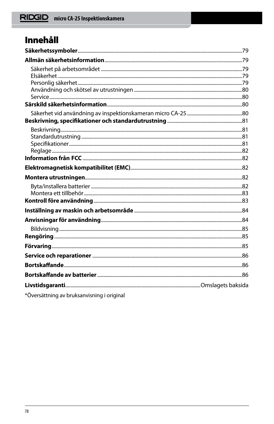 Innehåll | RIDGID micro CA-25 User Manual | Page 80 / 236