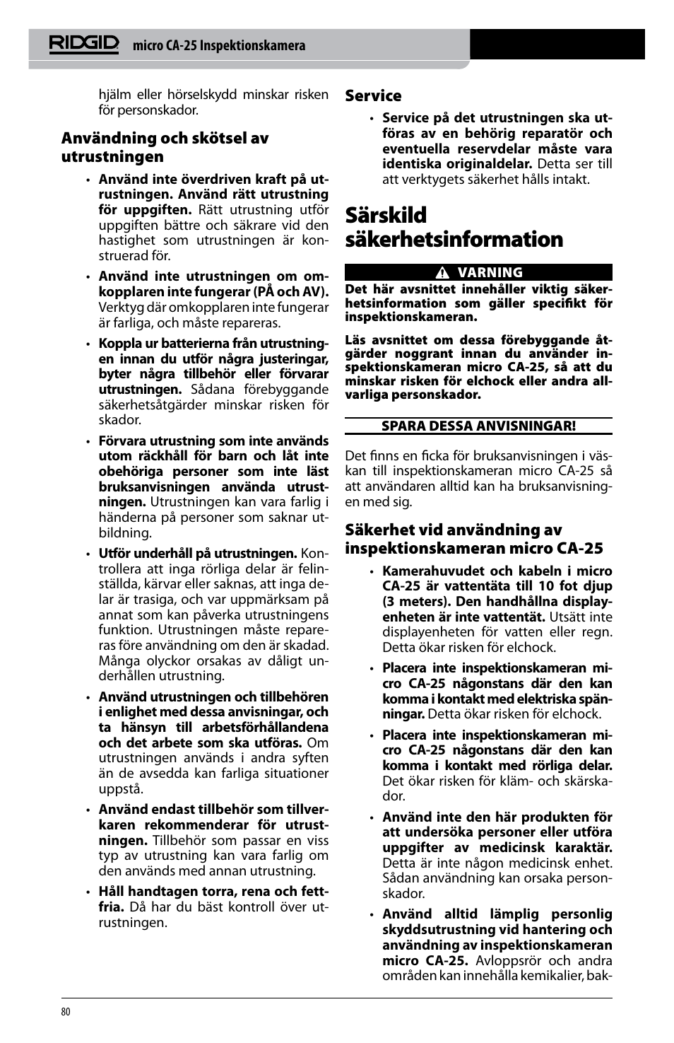 Särskild säkerhetsinformation, Användning och skötsel av utrustningen, Service | RIDGID micro CA-25 User Manual | Page 82 / 236