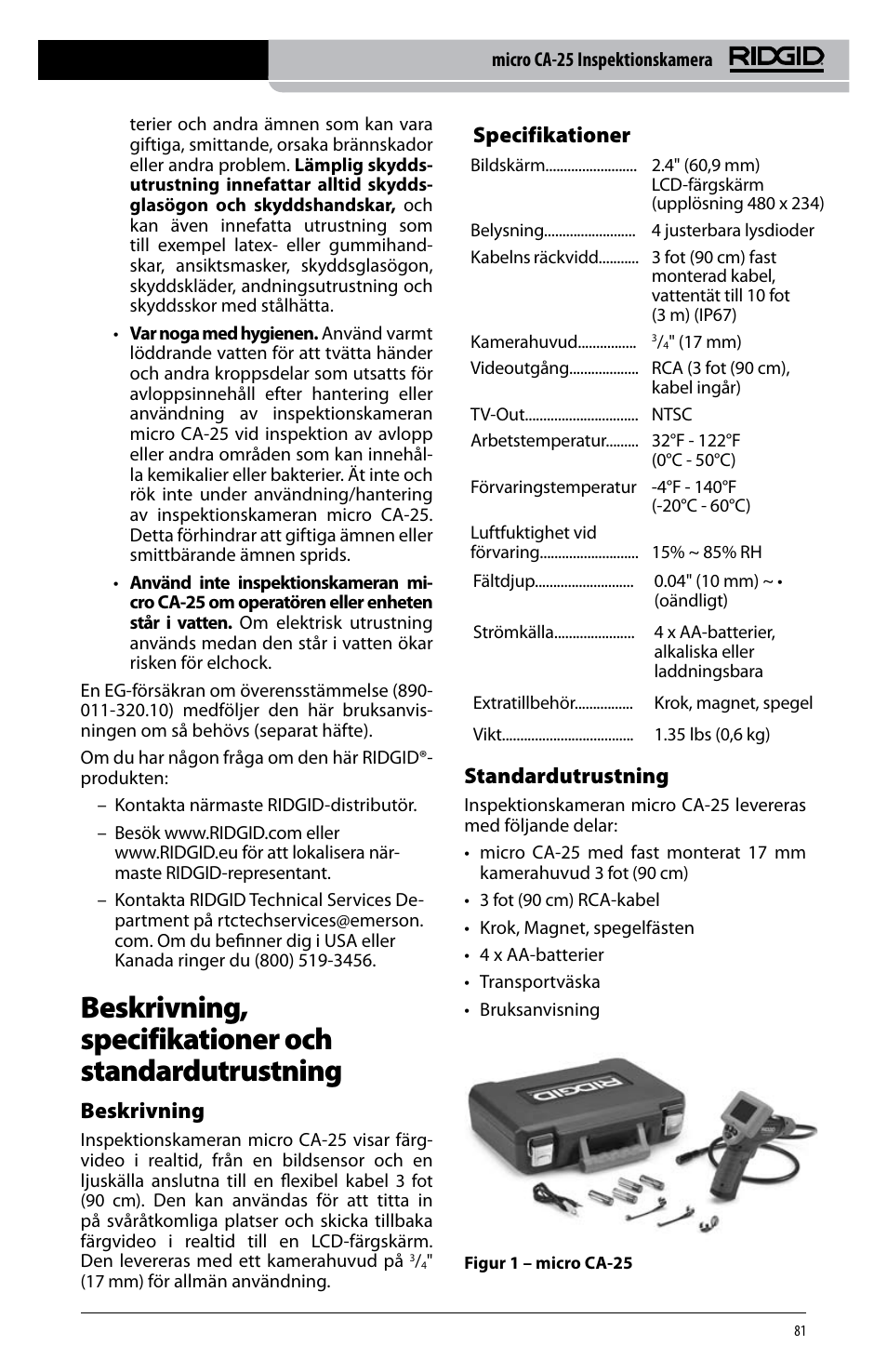 Beskrivning, Specifikationer, Standardutrustning | RIDGID micro CA-25 User Manual | Page 83 / 236