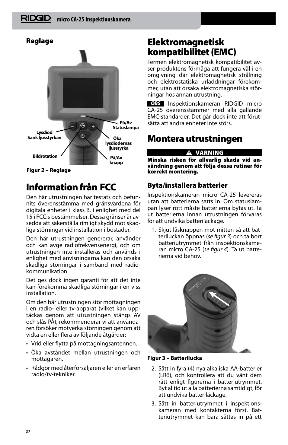 Information från fcc, Elektromagnetisk kompatibilitet (emc), Montera utrustningen | Reglage, Byta/installera batterier | RIDGID micro CA-25 User Manual | Page 84 / 236