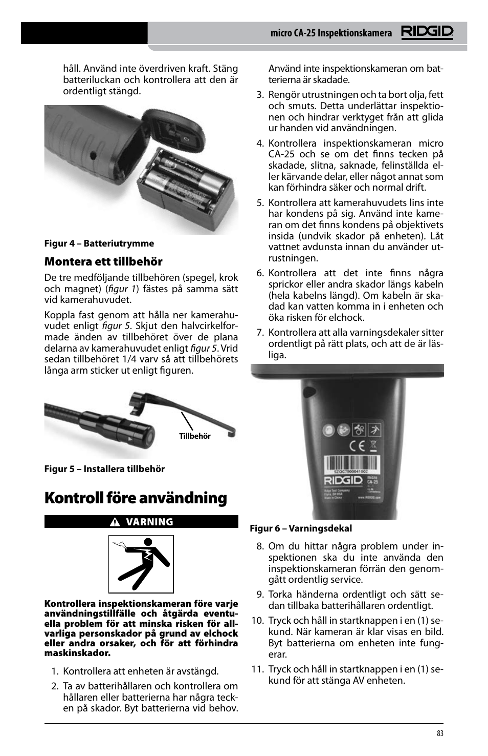 Kontroll före användning, Montera ett tillbehör | RIDGID micro CA-25 User Manual | Page 85 / 236