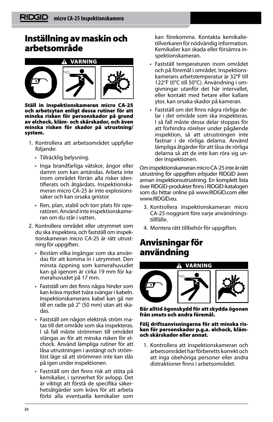 Inställning av maskin och arbetsområde, Anvisningar för användning | RIDGID micro CA-25 User Manual | Page 86 / 236