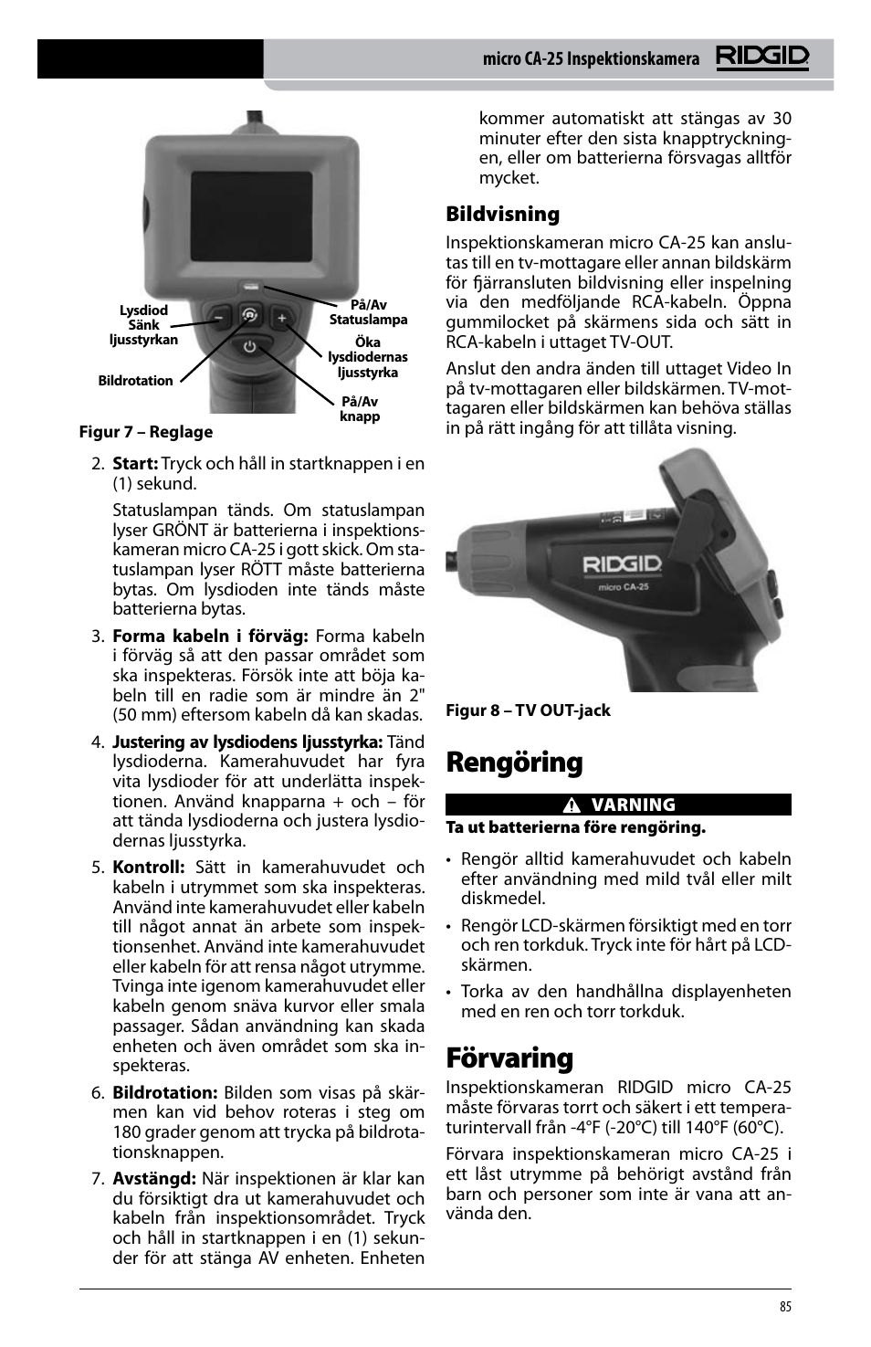 Rengöring, Förvaring, Bildvisning | RIDGID micro CA-25 User Manual | Page 87 / 236