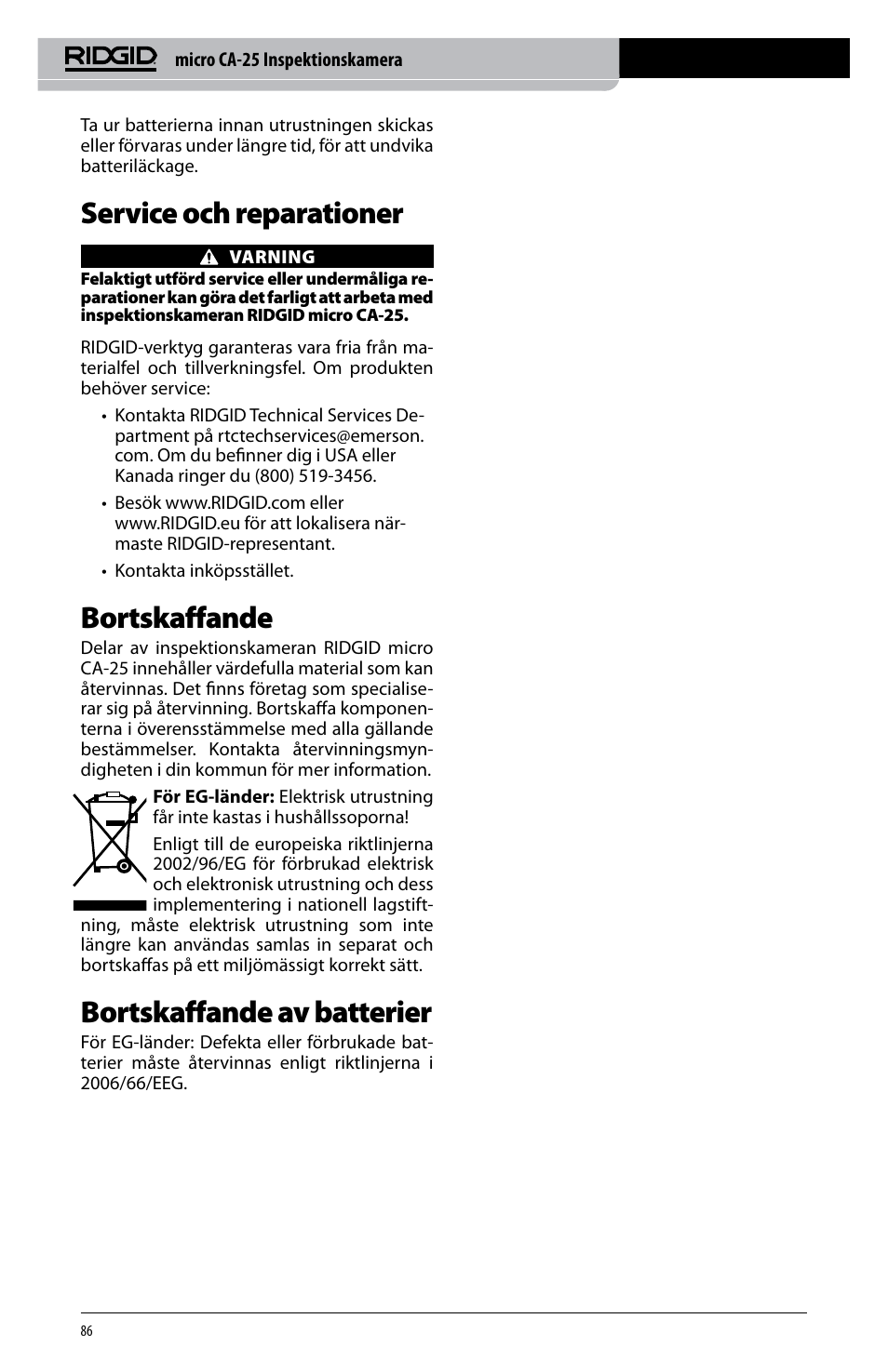 Service och reparationer, Bortskaffande, Bortskaffande av batterier | RIDGID micro CA-25 User Manual | Page 88 / 236