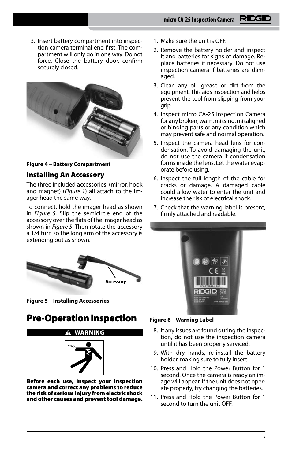 Pre-operation inspection, Installing an accessory | RIDGID micro CA-25 User Manual | Page 9 / 236