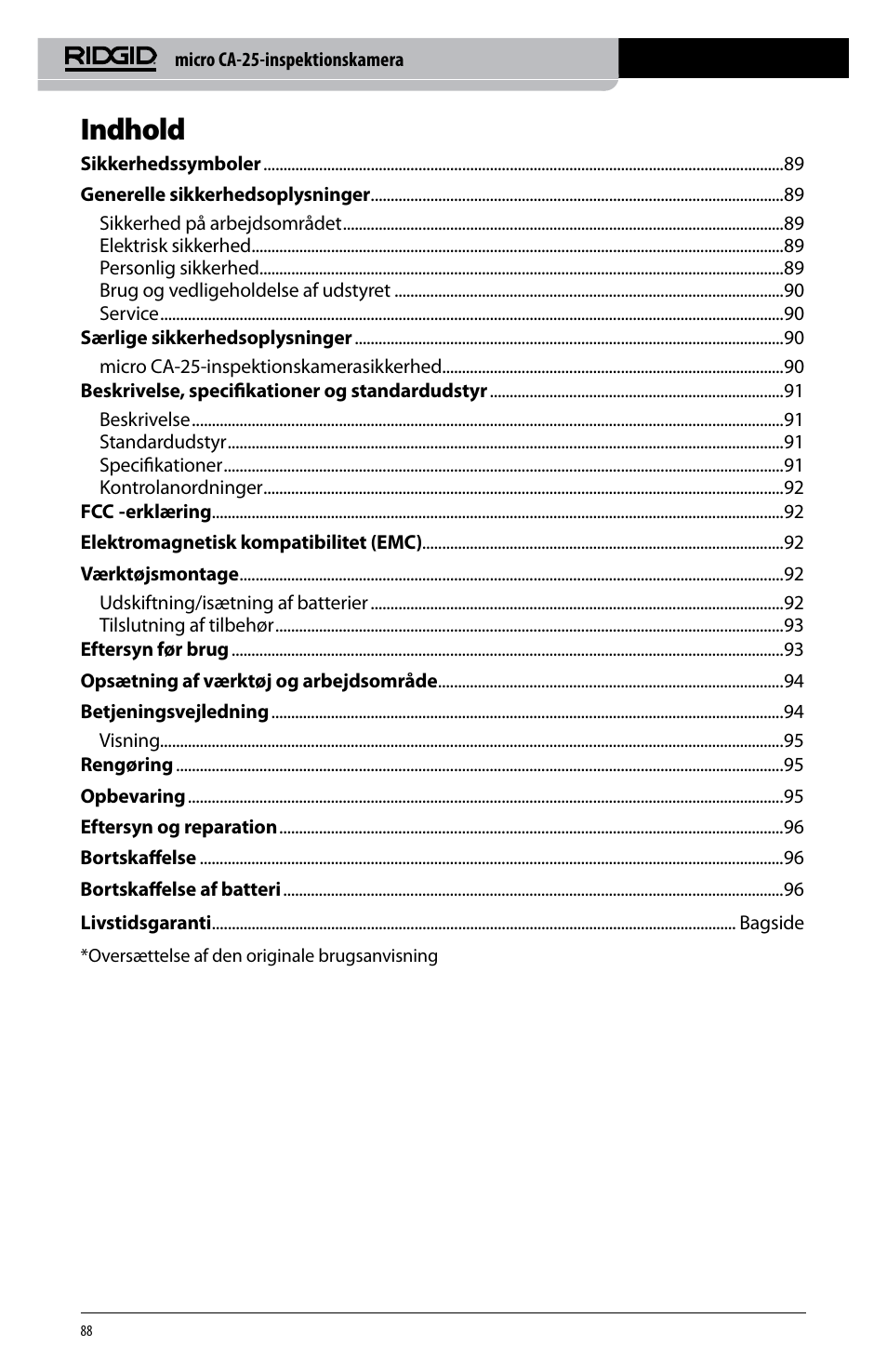Indhold | RIDGID micro CA-25 User Manual | Page 90 / 236