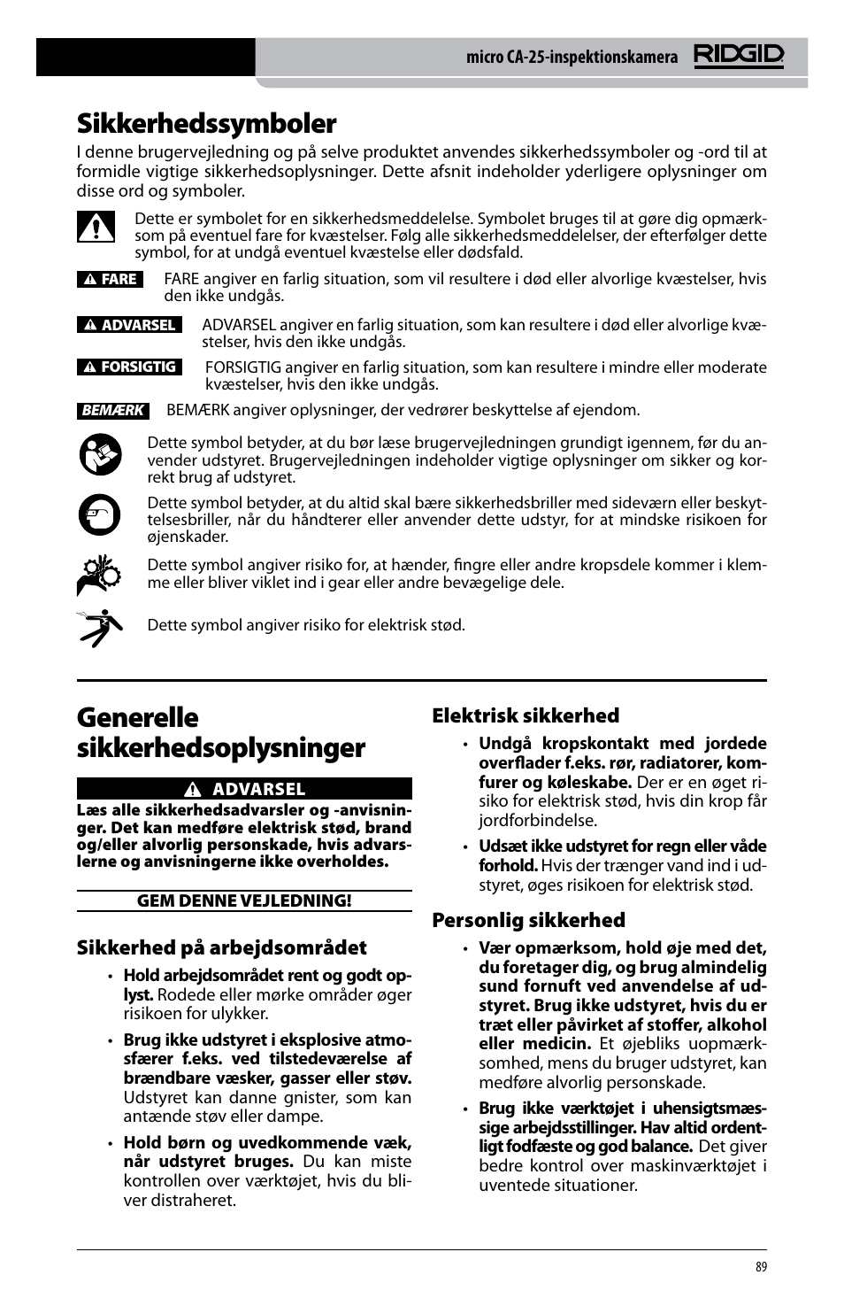 Sikkerhedssymboler, Generelle sikkerhedsoplysninger, Sikkerhed på arbejdsområdet | Elektrisk sikkerhed, Personlig sikkerhed | RIDGID micro CA-25 User Manual | Page 91 / 236