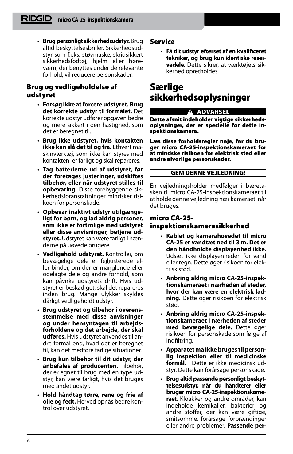 Særlige sikkerhedsoplysninger, Brug og vedligeholdelse af udstyret, Service | Micro ca-25- inspektionskamerasikkerhed | RIDGID micro CA-25 User Manual | Page 92 / 236