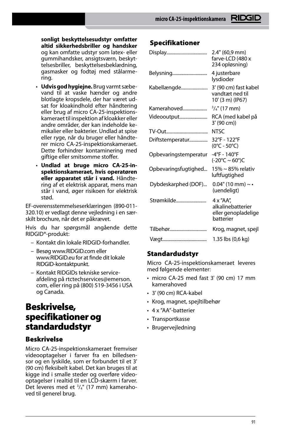 Beskrivelse, specifikationer og standardudstyr, Beskrivelse, Specifikationer | Standardudstyr | RIDGID micro CA-25 User Manual | Page 93 / 236