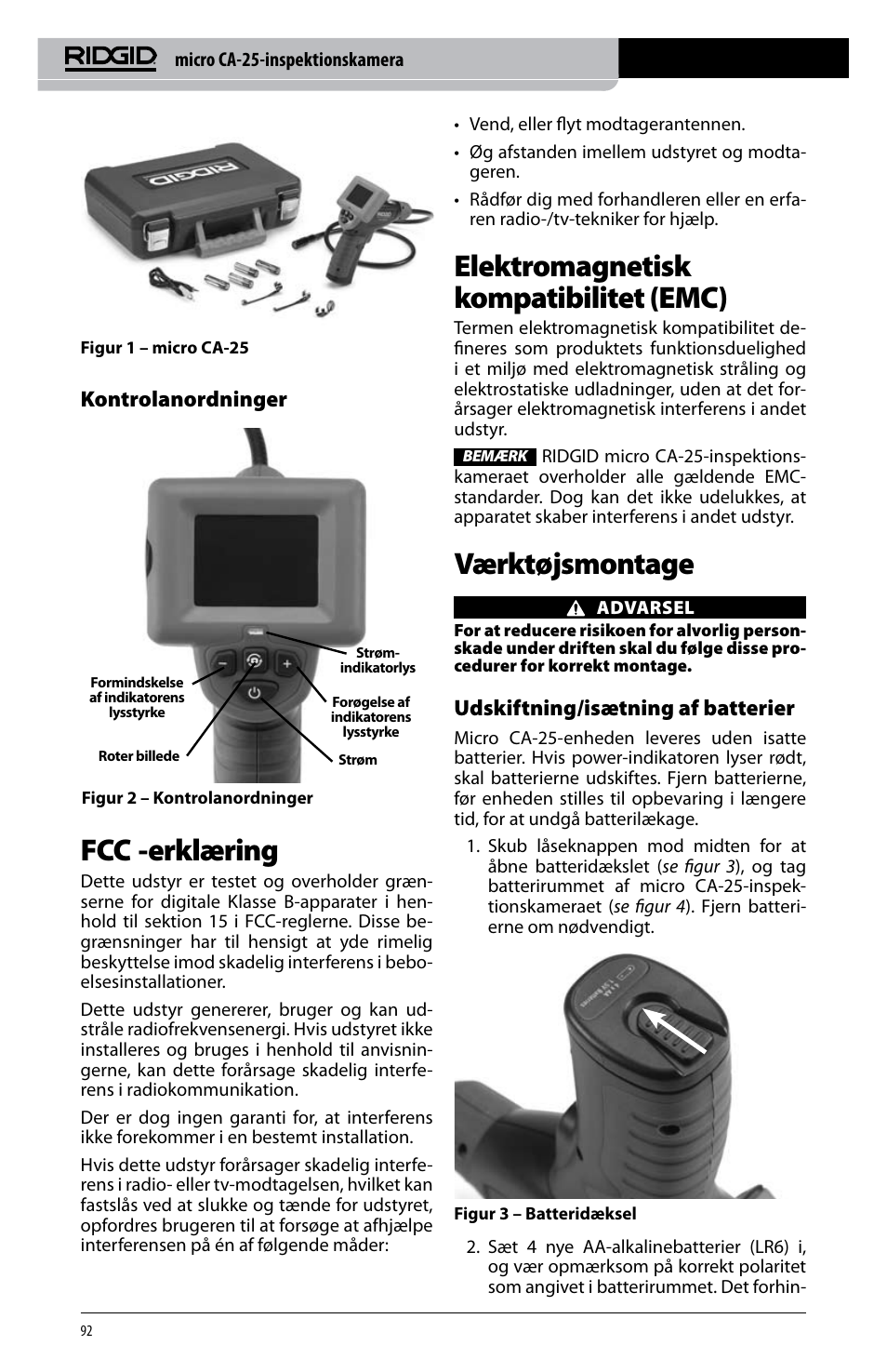 Fcc -erklæring, Elektromagnetisk kompatibilitet (emc), Værktøjsmontage | Kontrolanordninger, Udskiftning/isætning af batterier | RIDGID micro CA-25 User Manual | Page 94 / 236