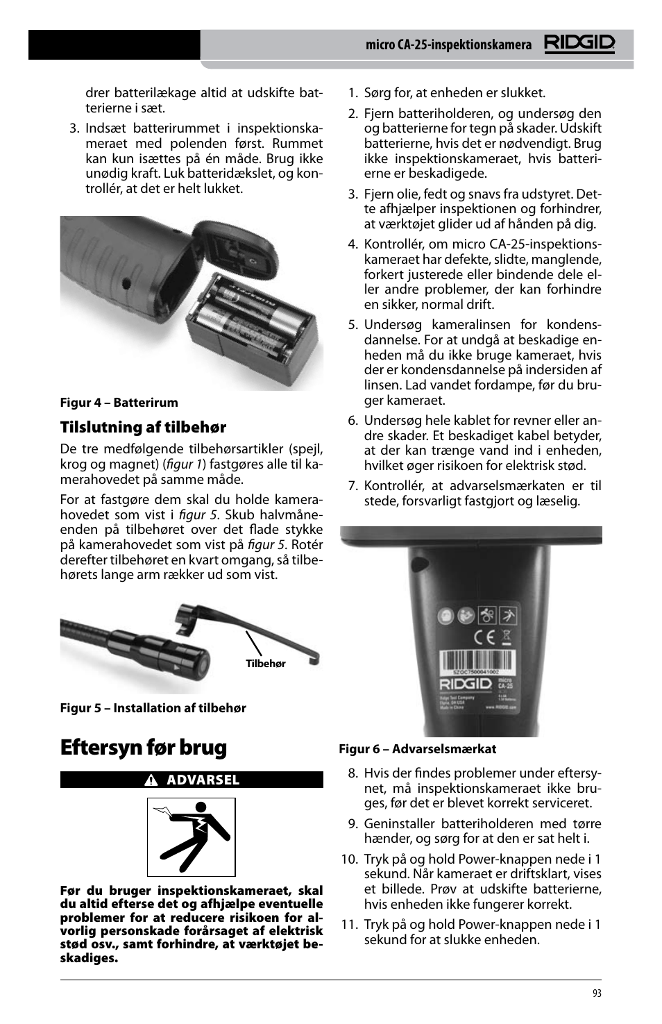 Eftersyn før brug, Tilslutning af tilbehør | RIDGID micro CA-25 User Manual | Page 95 / 236