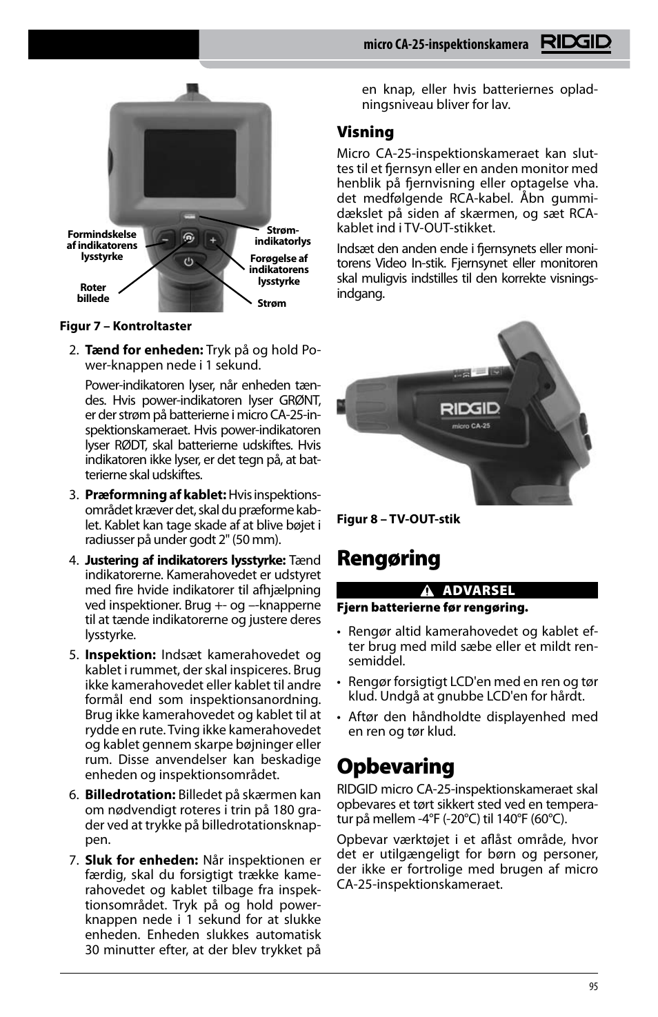 Rengøring, Opbevaring, Visning | RIDGID micro CA-25 User Manual | Page 97 / 236
