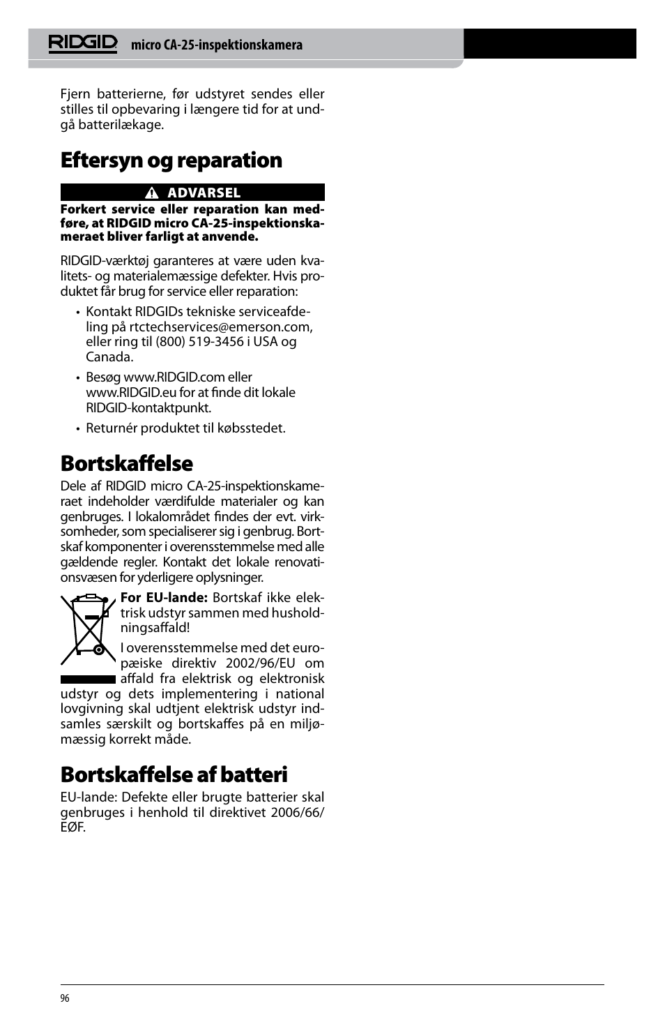 Eftersyn og reparation, Bortskaffelse, Bortskaffelse af batteri | RIDGID micro CA-25 User Manual | Page 98 / 236