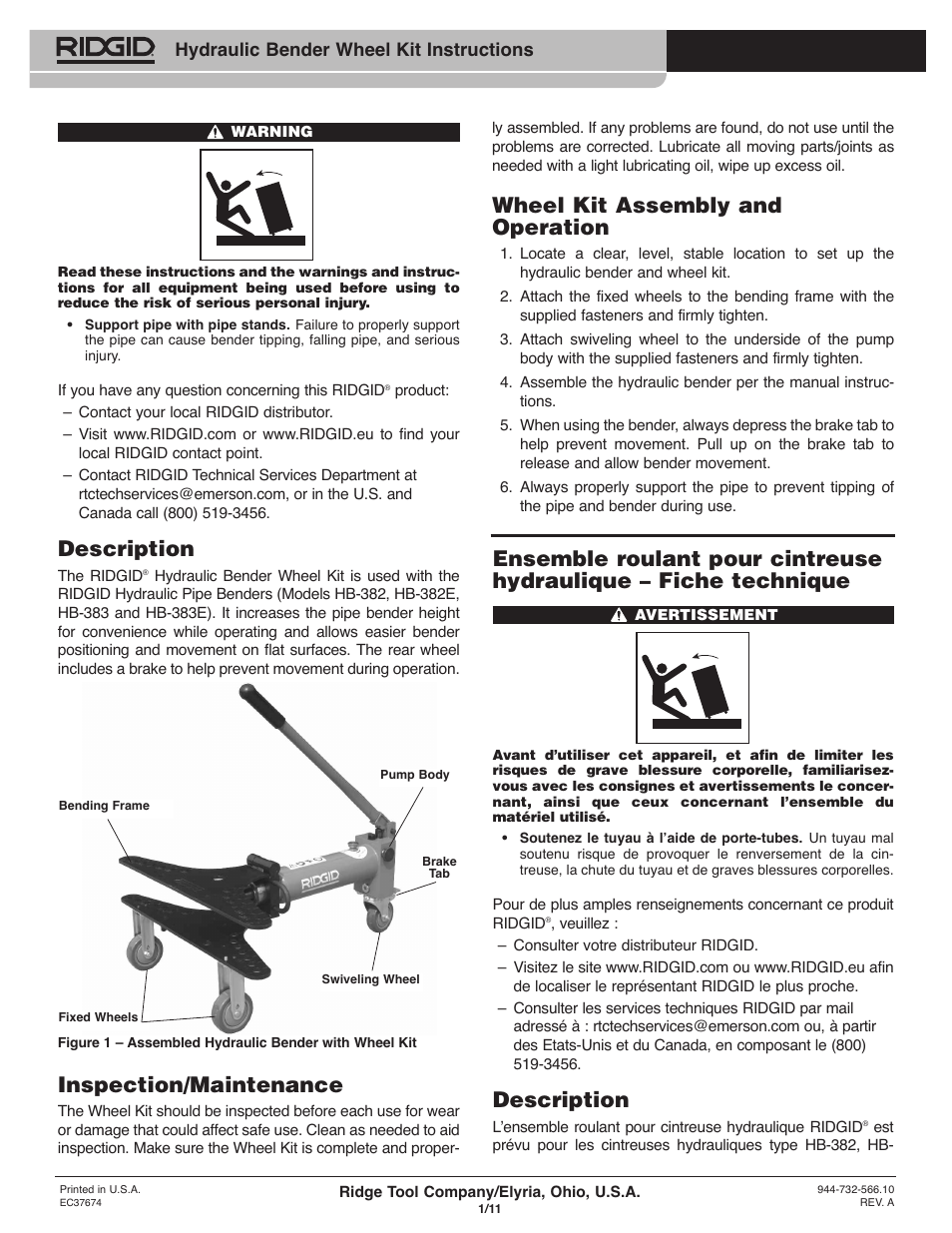 RIDGID Hydraulic Bender Wheel Kit User Manual | 6 pages