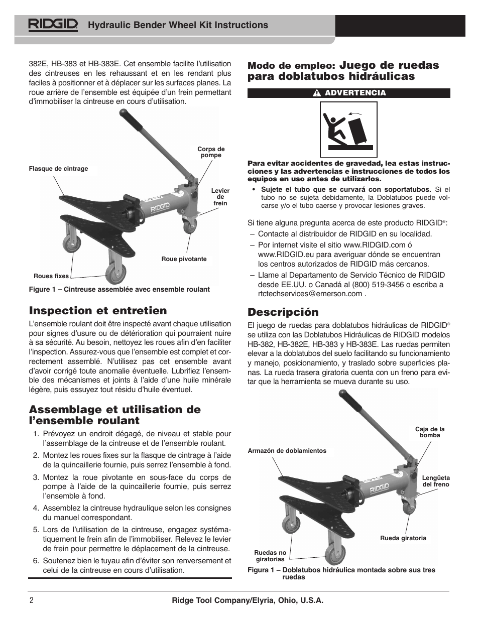 Juego de ruedas para doblatubos hidráulicas, Descripción, Inspection et entretien | Assemblage et utilisation de l’ensemble roulant | RIDGID Hydraulic Bender Wheel Kit User Manual | Page 2 / 6