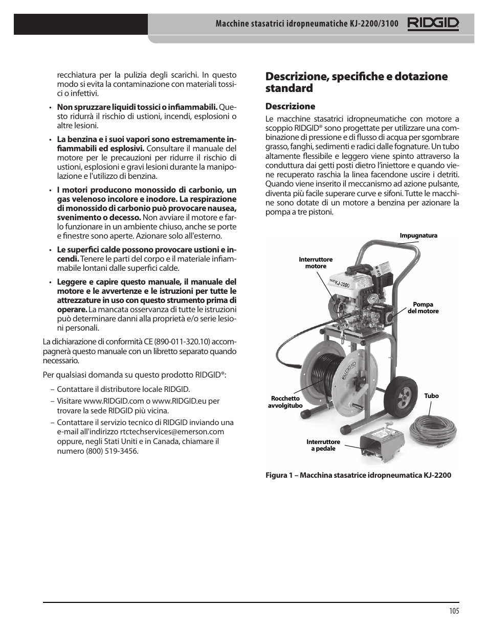 Descrizione, specifiche e dotazione standard | RIDGID KJ-3100 User Manual | Page 107 / 454