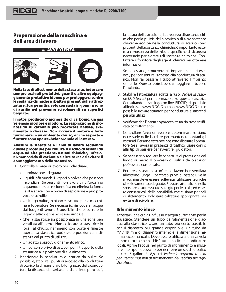 Preparazione della macchina e dell'area di lavoro | RIDGID KJ-3100 User Manual | Page 112 / 454