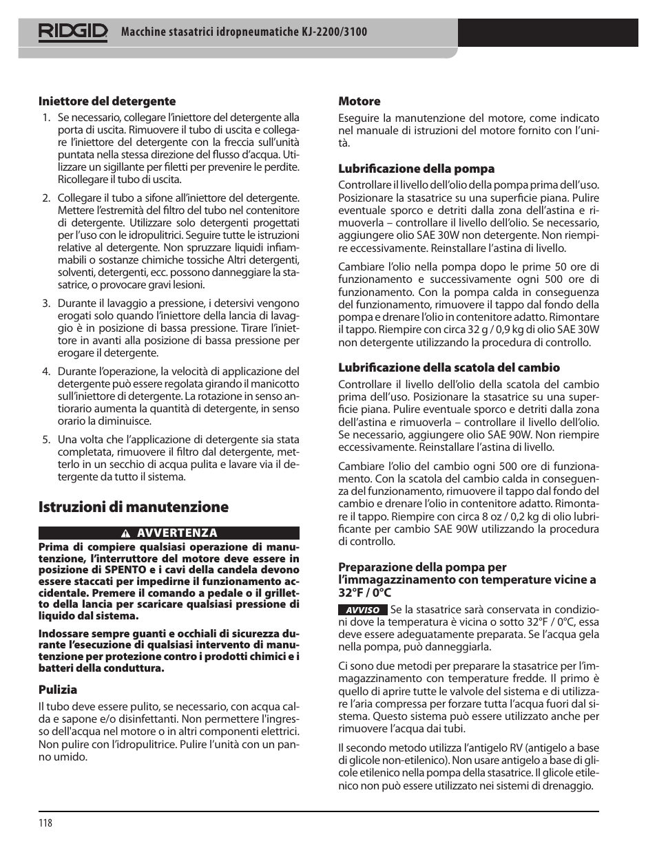 Istruzioni di manutenzione | RIDGID KJ-3100 User Manual | Page 120 / 454