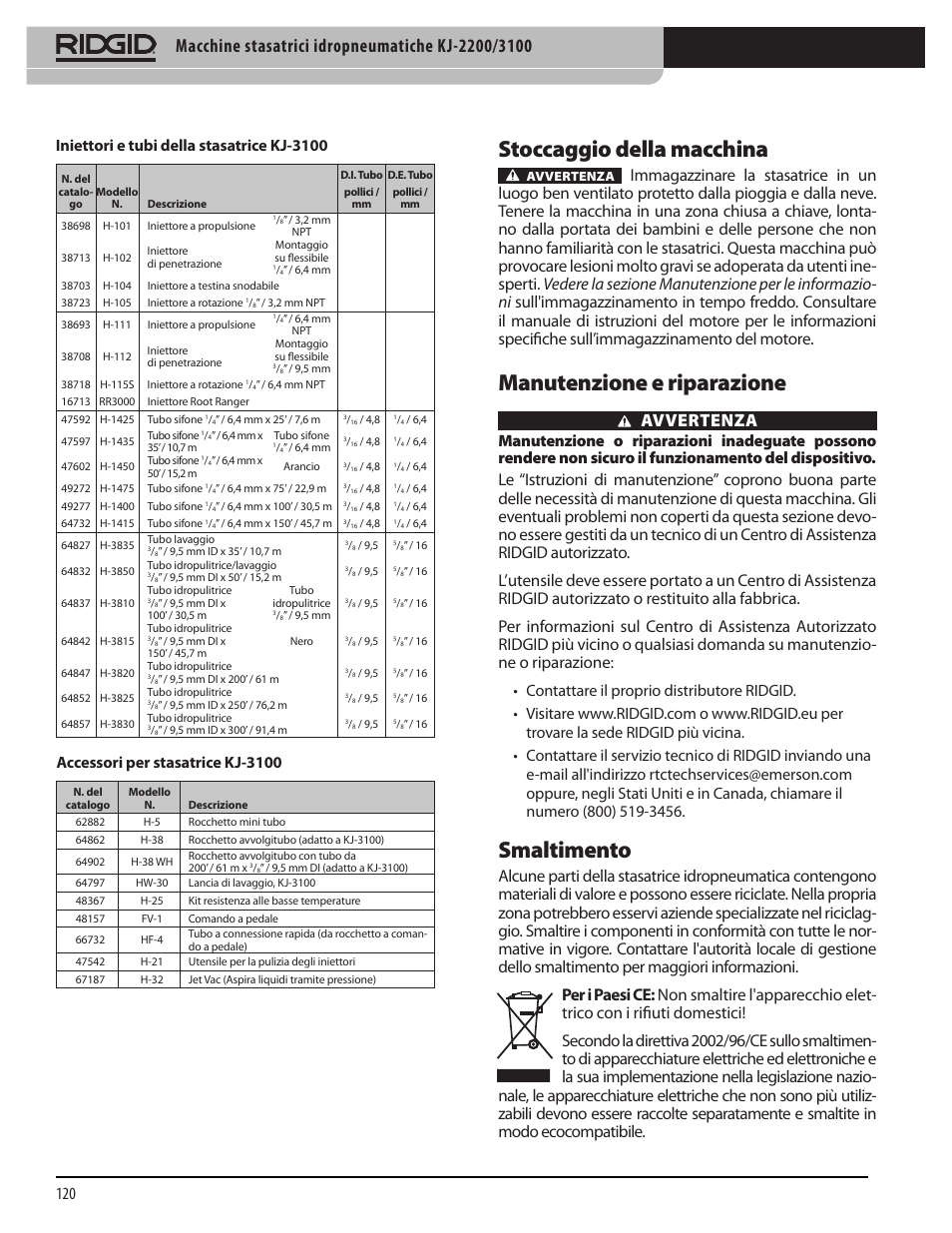 Stoccaggio della macchina, Manutenzione e riparazione, Smaltimento | Avvertenza, Iniettori e tubi della stasatrice kj-3100, Accessori per stasatrice kj-3100 | RIDGID KJ-3100 User Manual | Page 122 / 454