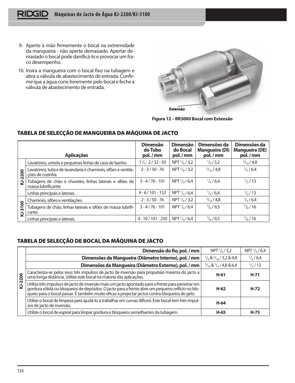 Tabela de selecção de bocal da máquina de jacto, Dimensão do fio, pol. / mm | RIDGID KJ-3100 User Manual | Page 136 / 454