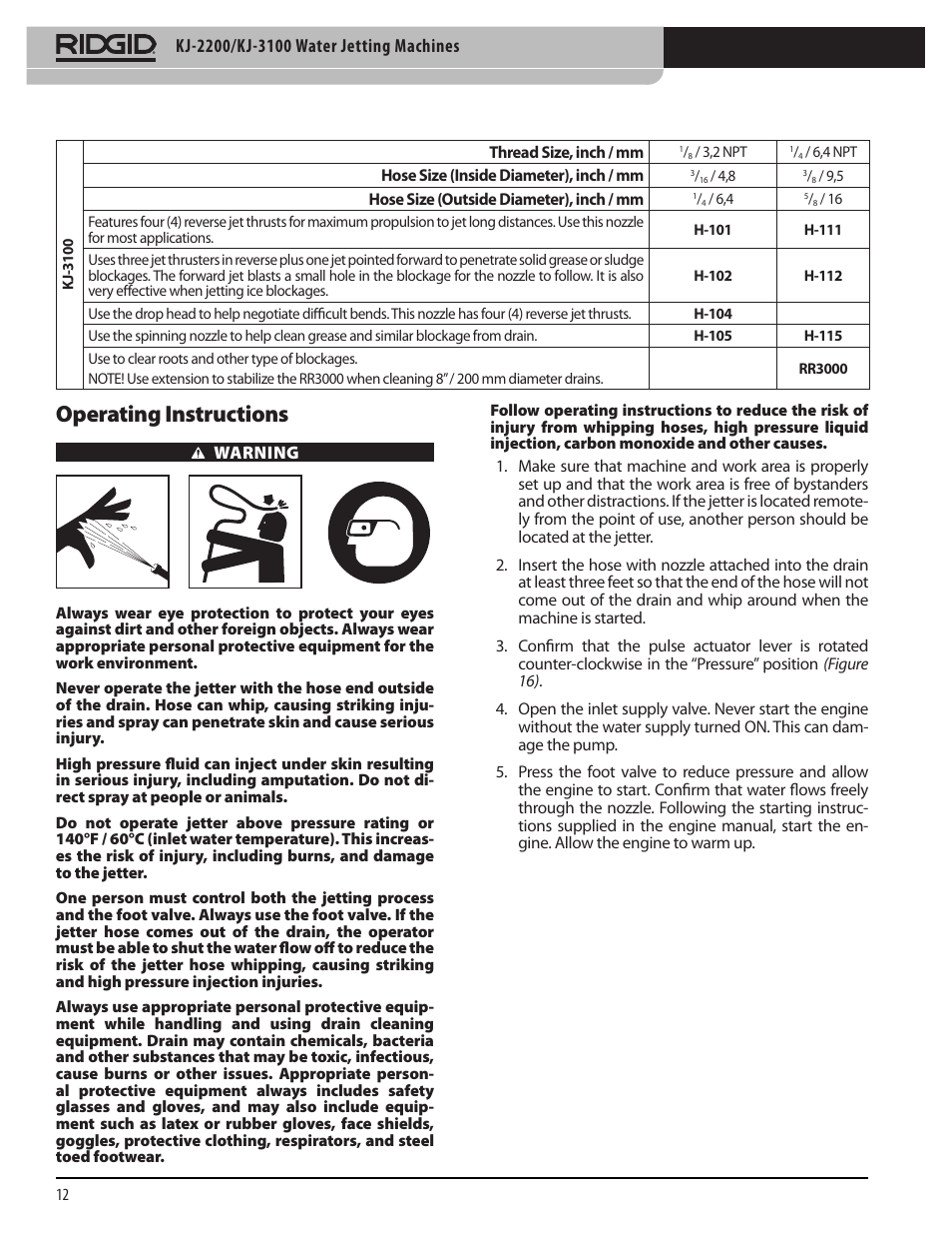 Operating instructions | RIDGID KJ-3100 User Manual | Page 14 / 454