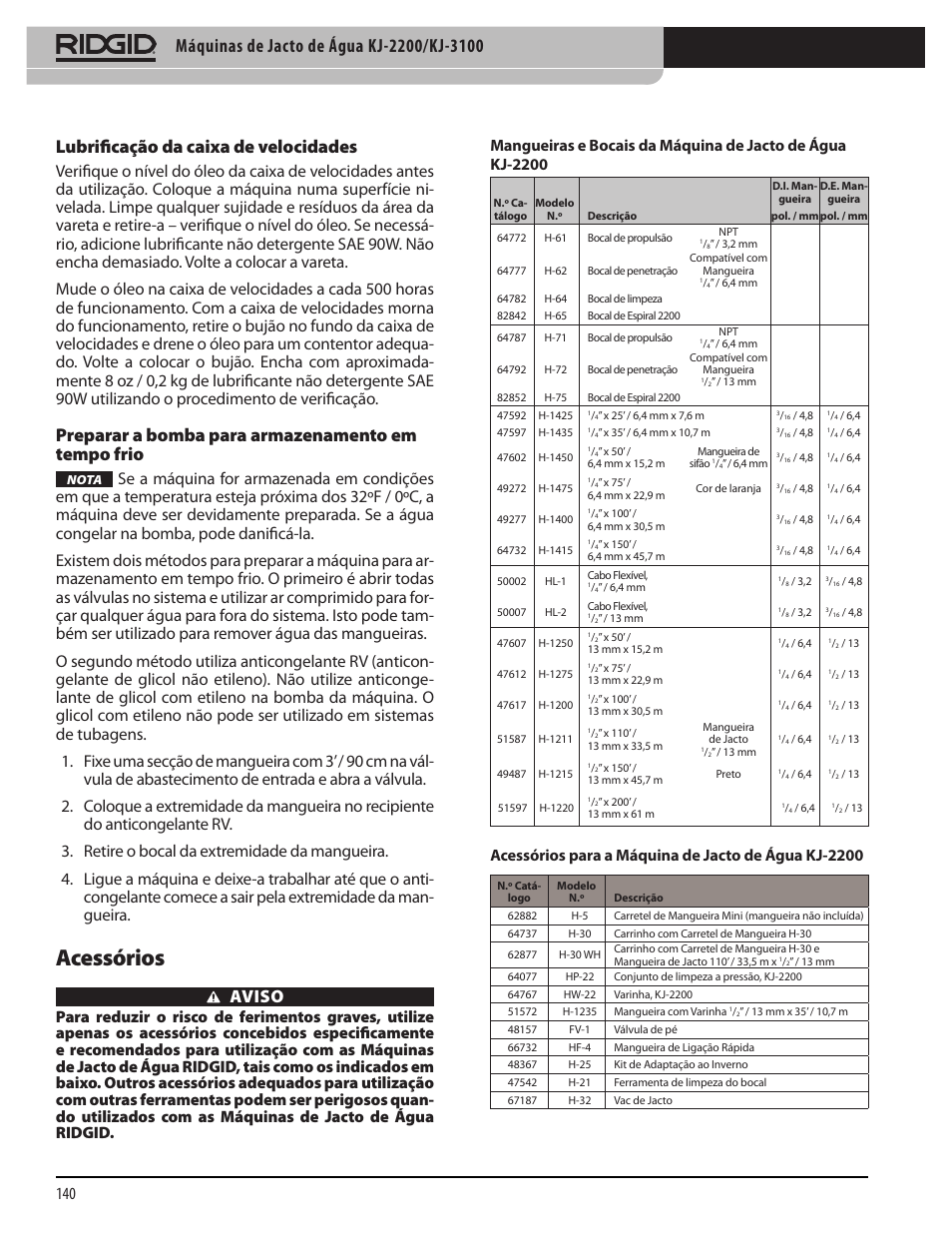 Acessórios, Lubrificação da caixa de velocidades, Preparar a bomba para armazenamento em tempo frio | Aviso, Acessórios para a máquina de jacto de água kj-2200 | RIDGID KJ-3100 User Manual | Page 142 / 454