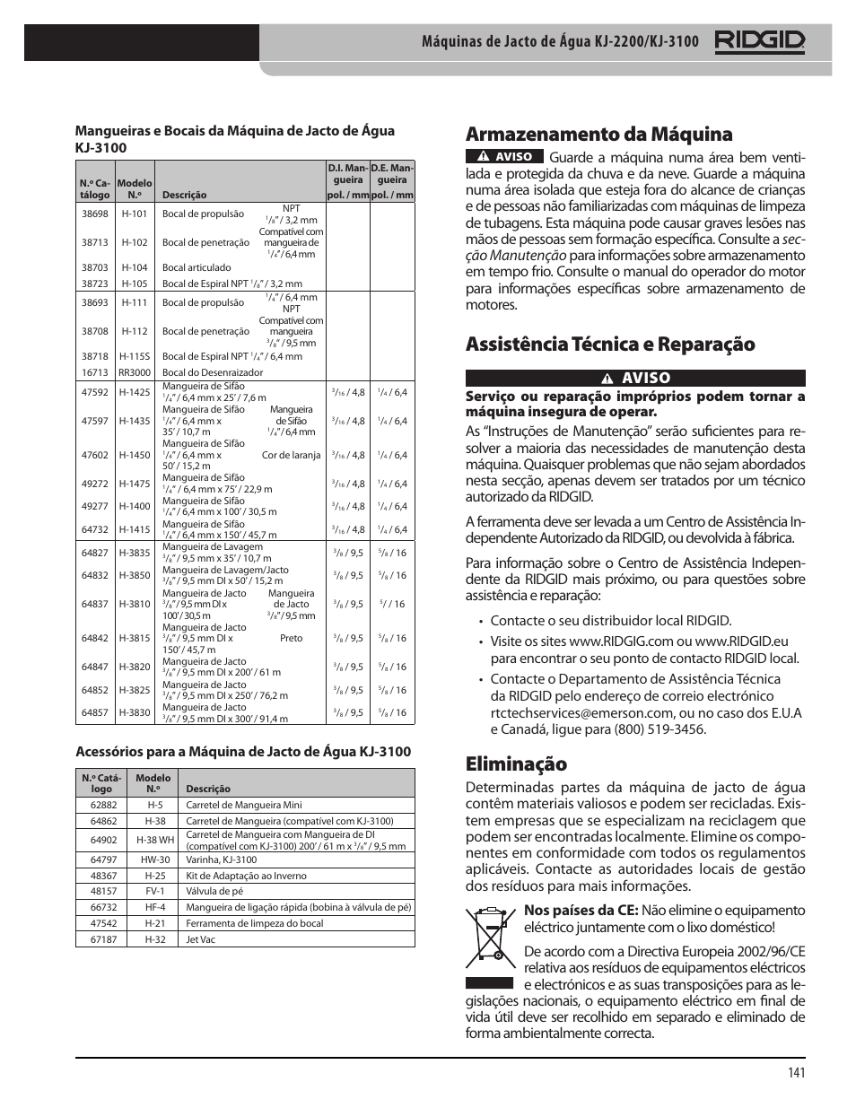 Armazenamento da máquina, Assistência técnica e reparação, Eliminação | Aviso, Acessórios para a máquina de jacto de água kj-3100 | RIDGID KJ-3100 User Manual | Page 143 / 454