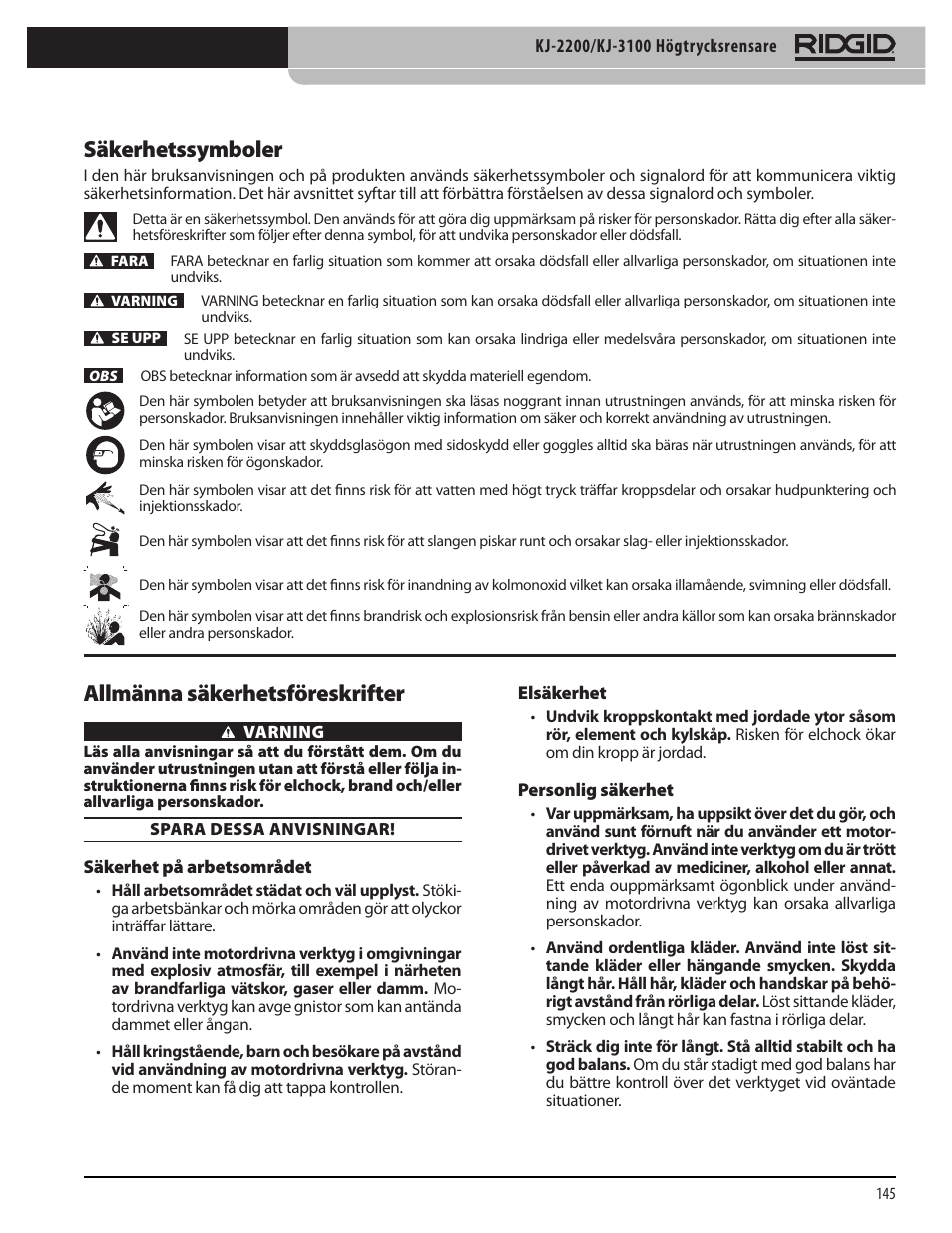 Säkerhetssymboler, Allmänna säkerhetsföreskrifter | RIDGID KJ-3100 User Manual | Page 147 / 454