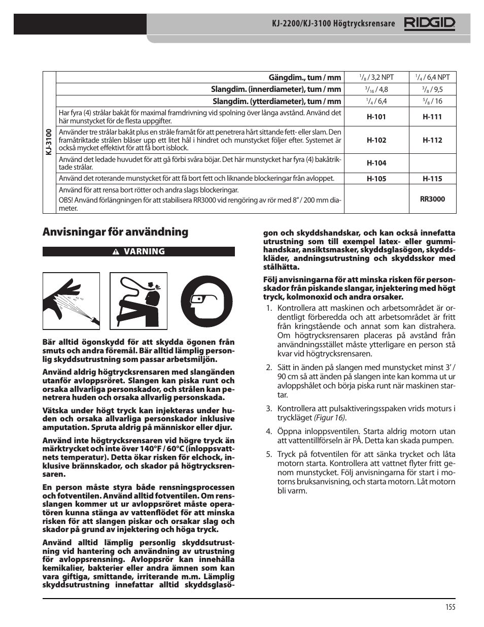 Anvisningar för användning | RIDGID KJ-3100 User Manual | Page 157 / 454