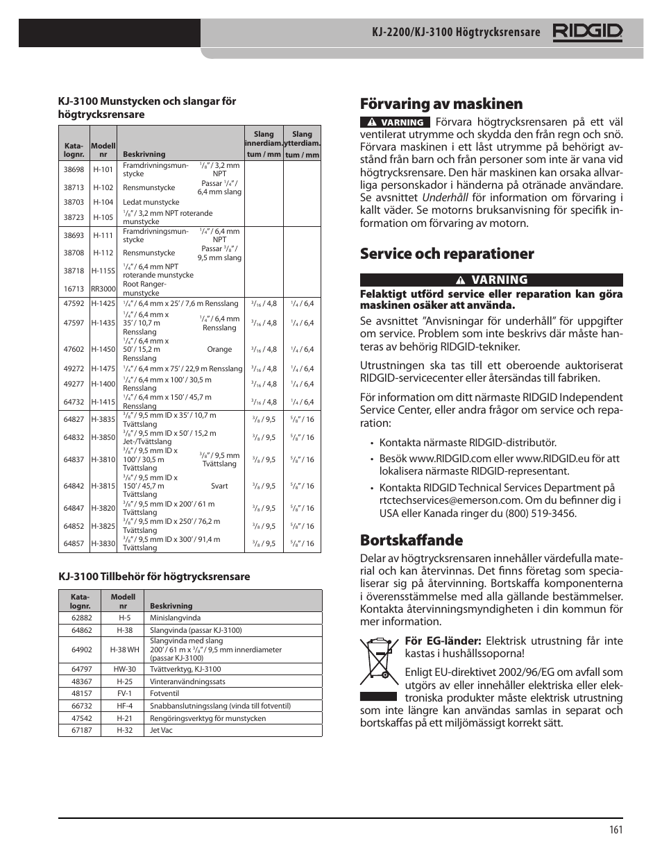 Förvaring av maskinen, Service och reparationer, Bortskaffande | Varning, Kj-3100 tillbehör för högtrycksrensare | RIDGID KJ-3100 User Manual | Page 163 / 454