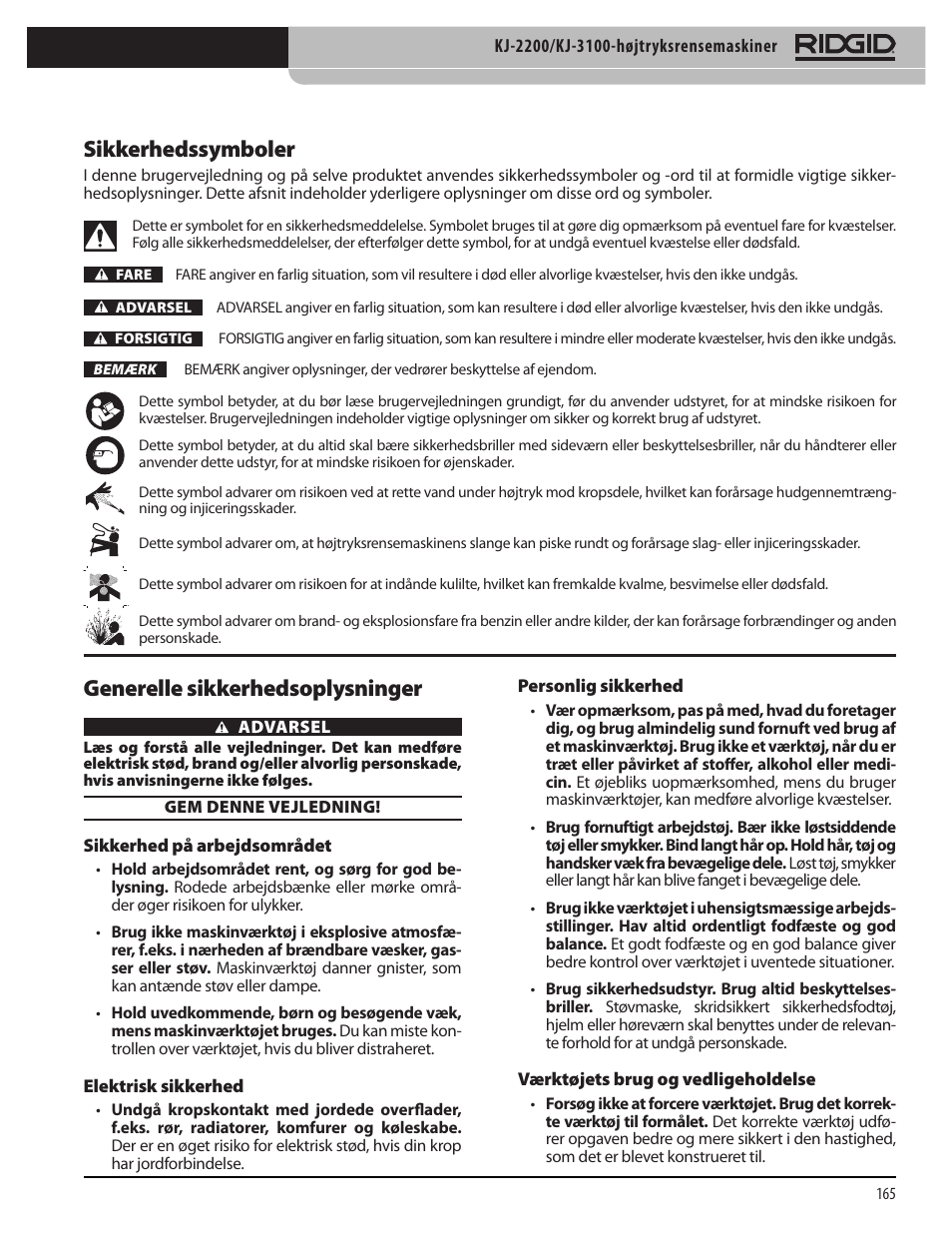 Sikkerhedssymboler, Generelle sikkerhedsoplysninger | RIDGID KJ-3100 User Manual | Page 167 / 454